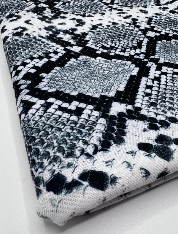 Silver Grey Snake Print Spun Poly Stretch Fabric