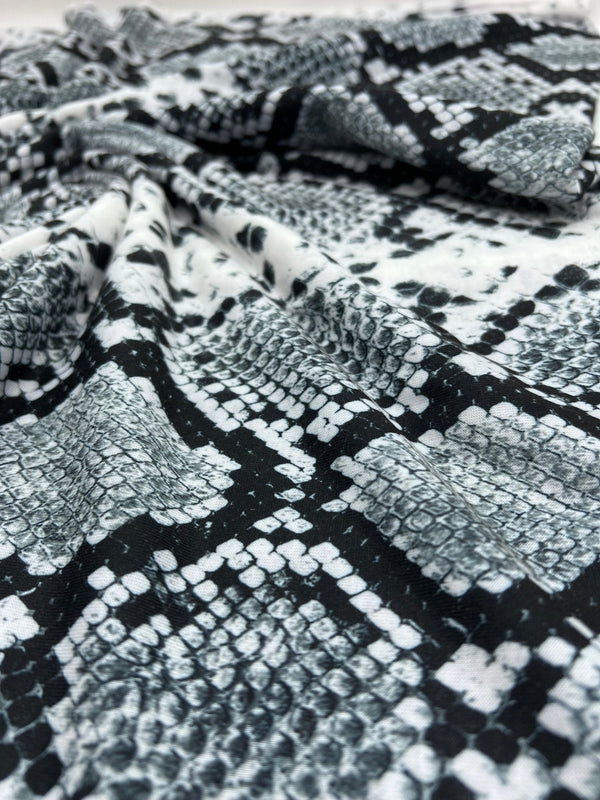 Silver Grey Snake Print Spun Poly Stretch Fabric