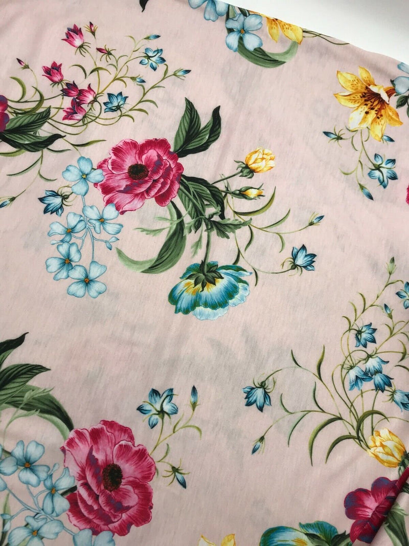 Soft Pink Floral Print Spun Poly Stretch Fabric