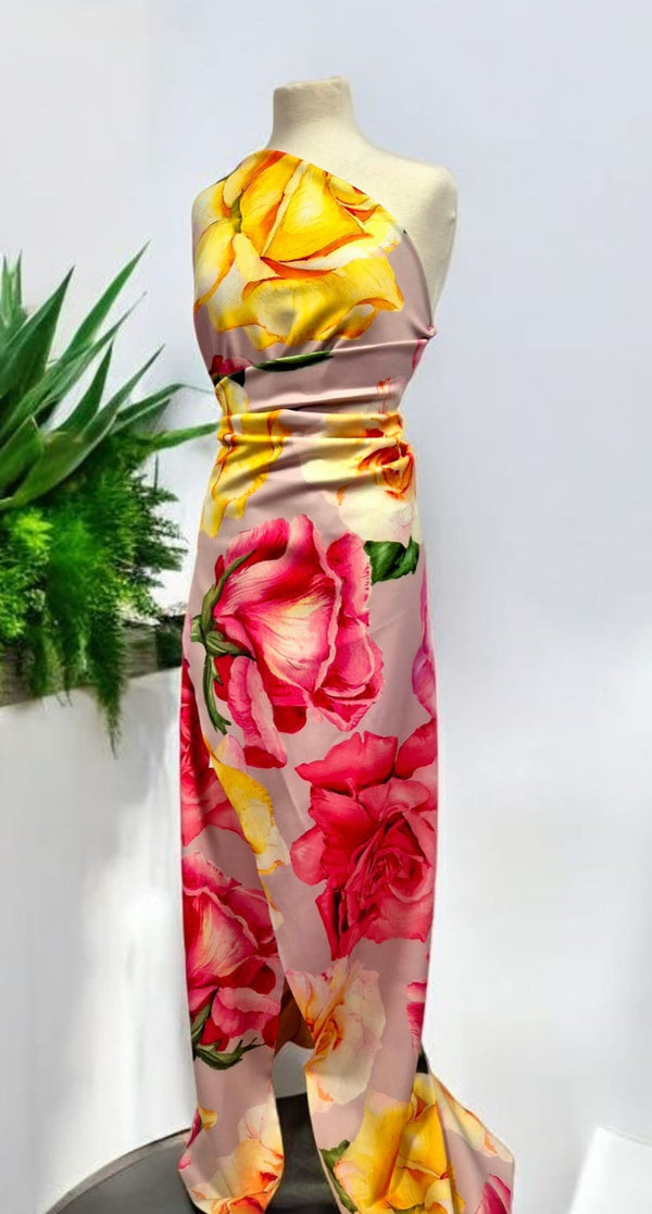 Soft Pink Floral Printed Plain Scuba 4 Way Stretch Jersey Fabric