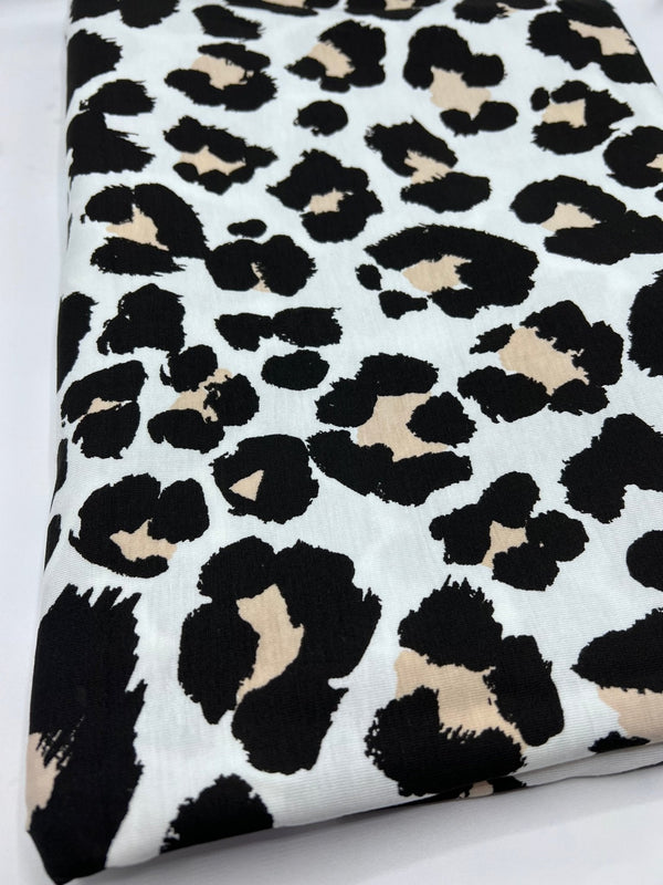 White Beige Animal Mix Print Viscose Elastane Fabric