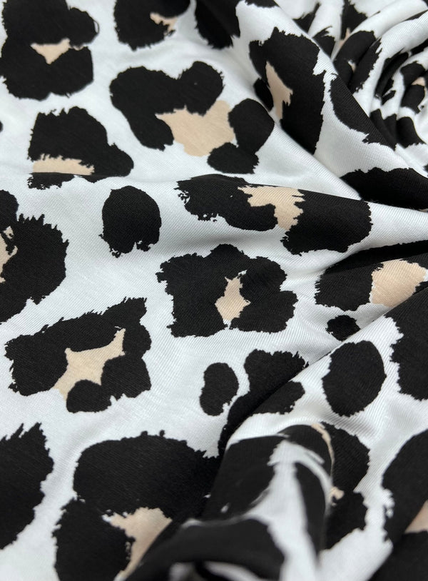 White Beige Animal Mix Print Viscose Elastane Fabric