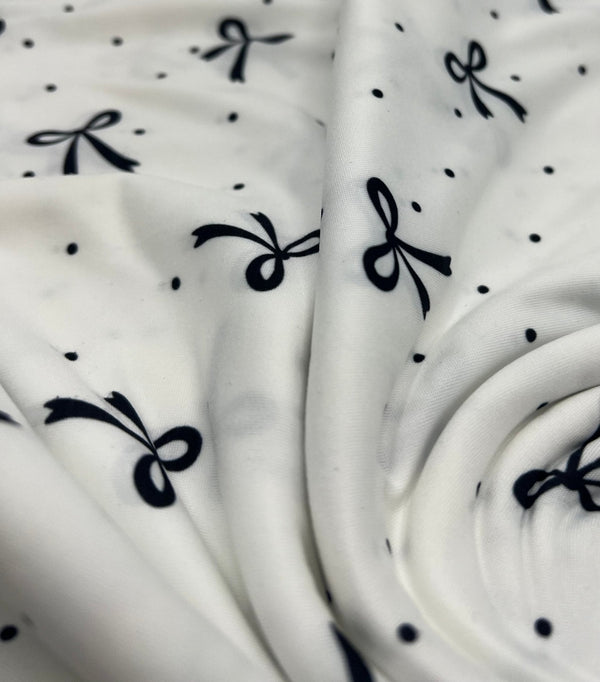 White Black Bow Spot Super Soft Print Spun Poly Stretch Fabric