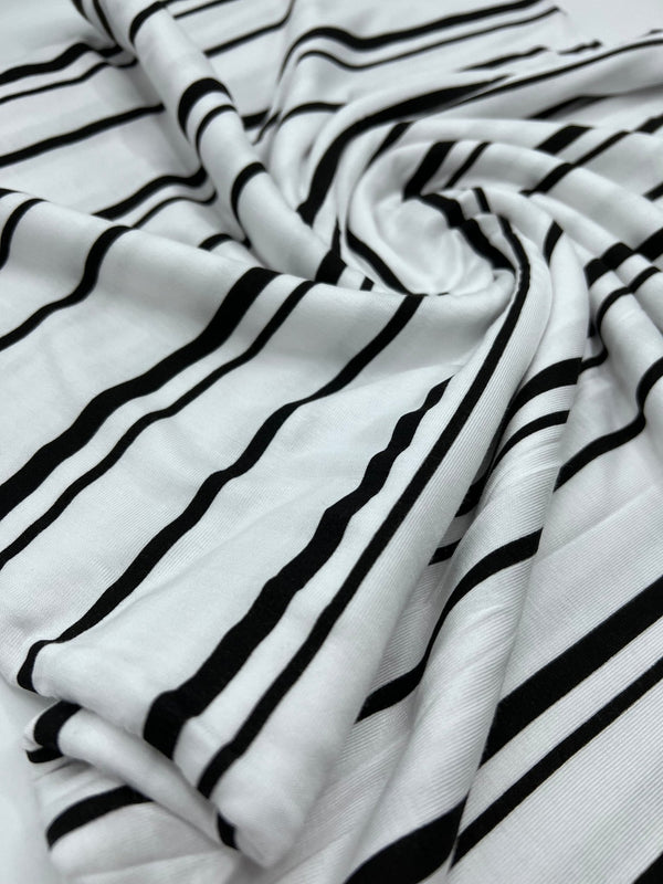 White Black Double Stripe Print Viscose Elastane Fabric