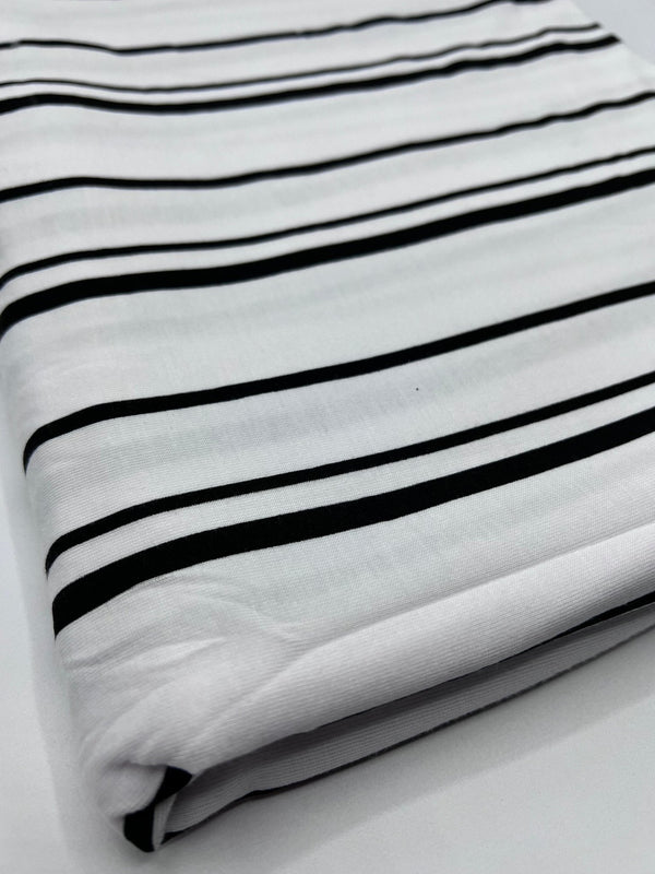 White Black Double Stripe Print Viscose Elastane Fabric