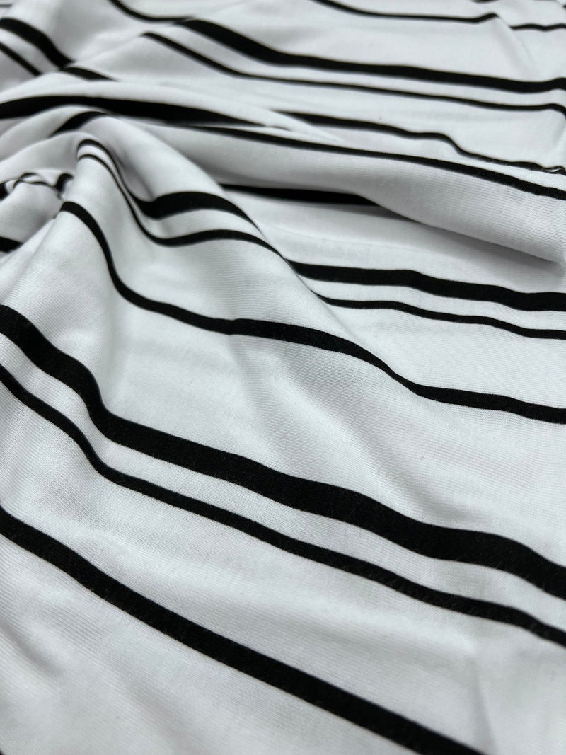 White Black Double Stripe Print Viscose Elastane Fabric