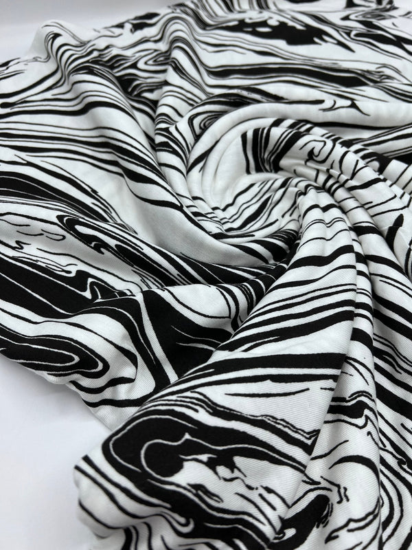 White Black Paint Print Viscose Elastane Fabric