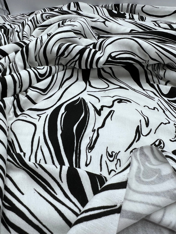 White Black Paint Print Viscose Elastane Fabric