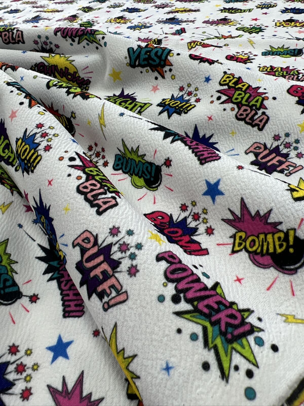 White Comic Print Liverpool Bullet Stretch Fabric