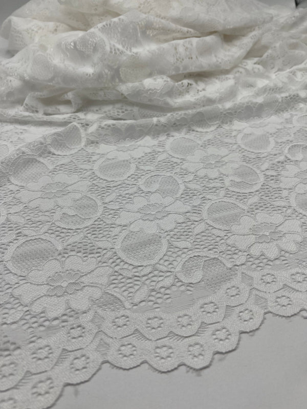 Off White Flower Scalloped Edge Floral Lace Fabric Stretch