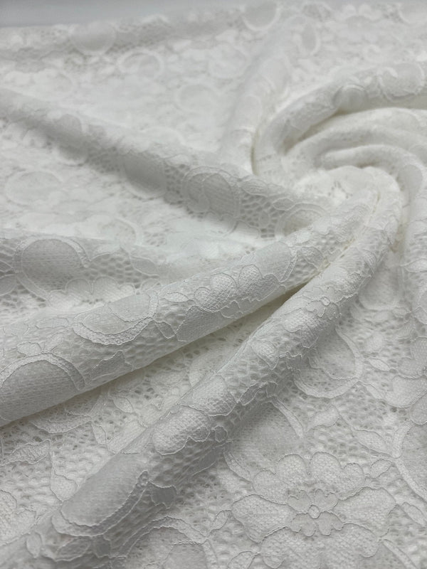 Off White Flower Scalloped Edge Floral Lace Fabric Stretch
