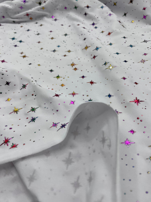 White Multi Star Soft Spun Poly Stretch Fabric