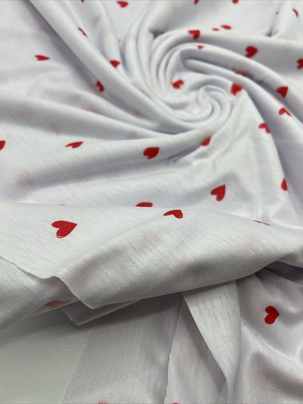 White Small Heart Print Spun Poly Stretch Fabric