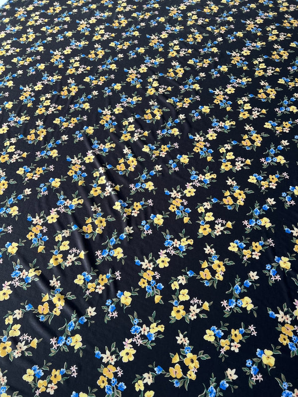 Yellow Floral Blooms Print Viscose Elastane 4 Way Stretch Fabric