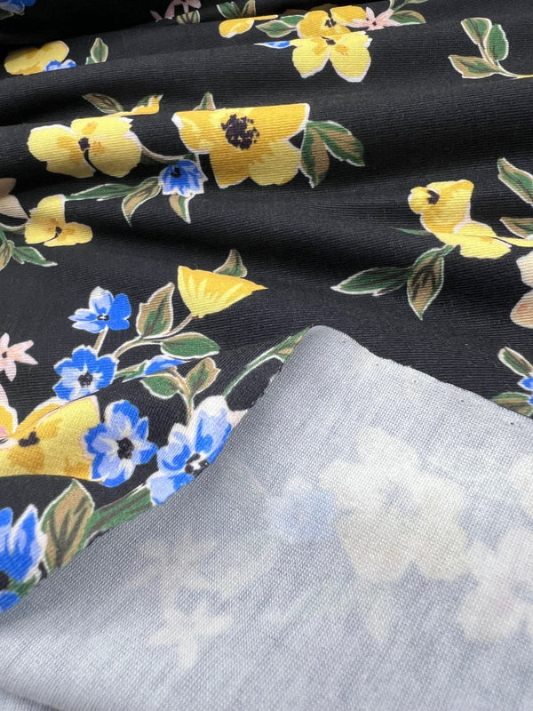 Yellow Floral Blooms Print Viscose Elastane 4 Way Stretch Fabric