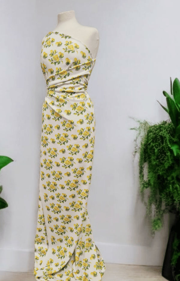 Yellow Fruit Printed Scuba Crepe Jersey Fabric 4 Way Stretch