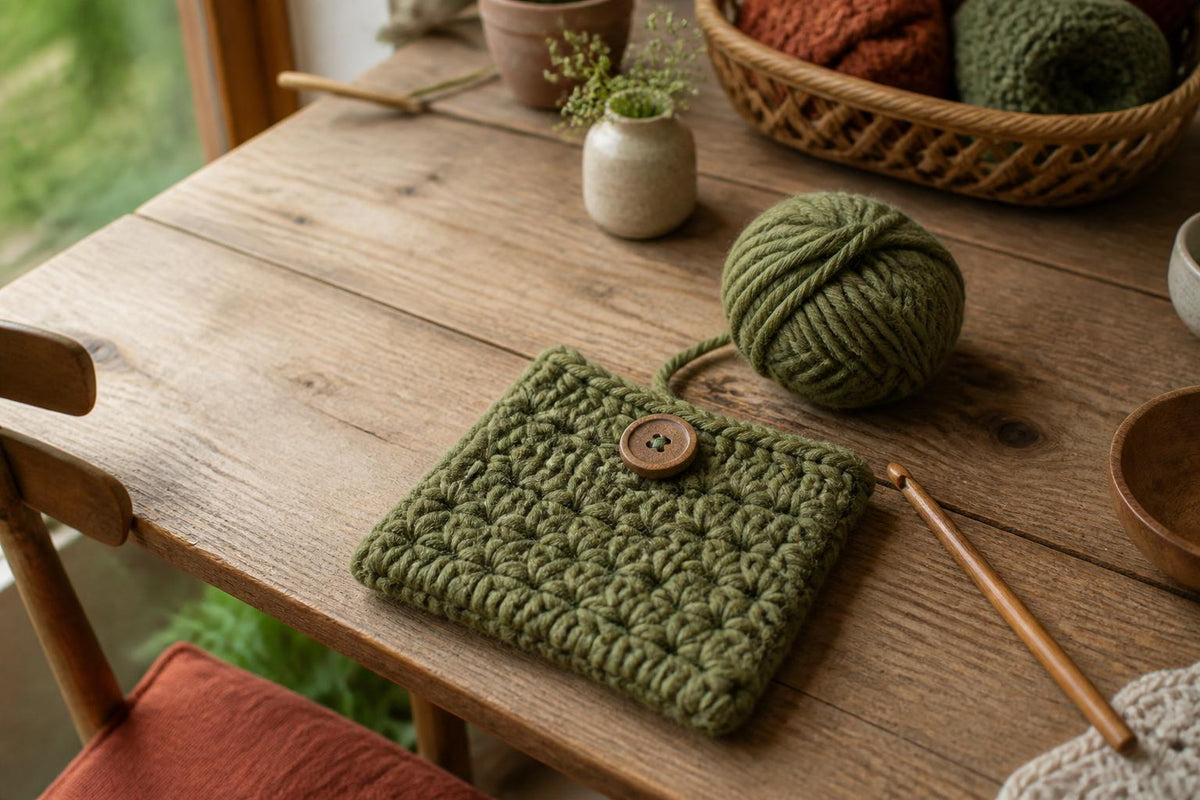 A variety of colorful, chunky yarn balls arranged neatly next to a wooden crochet hook on a soft fabric surface