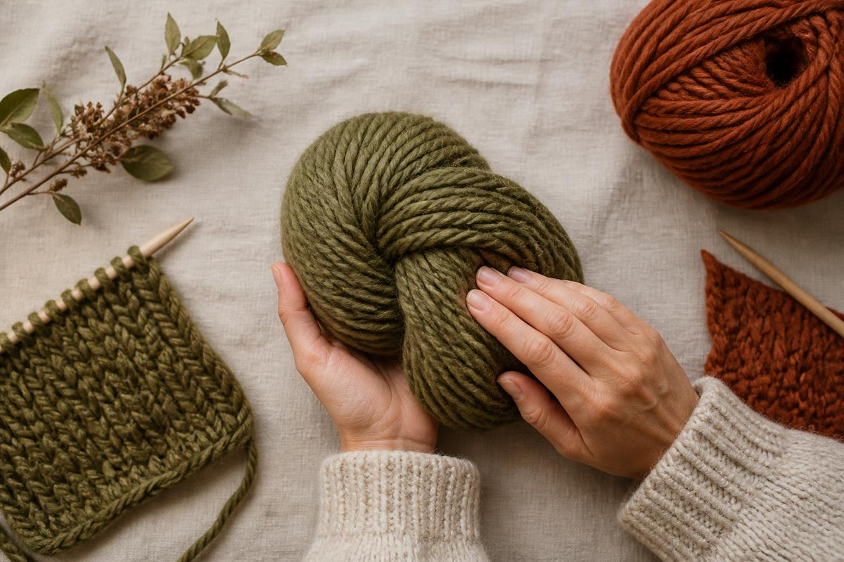 Skeins of colorful wool yarn arranged neatly on a rustic wooden table