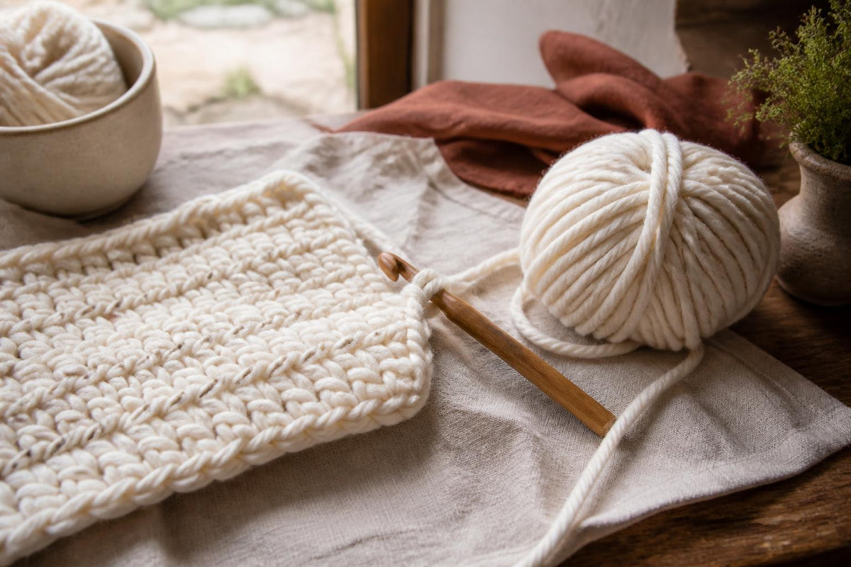 A single silver crochet hook rests beside a neatly wound ball of smooth, cream-coloured yarn on a wooden surface