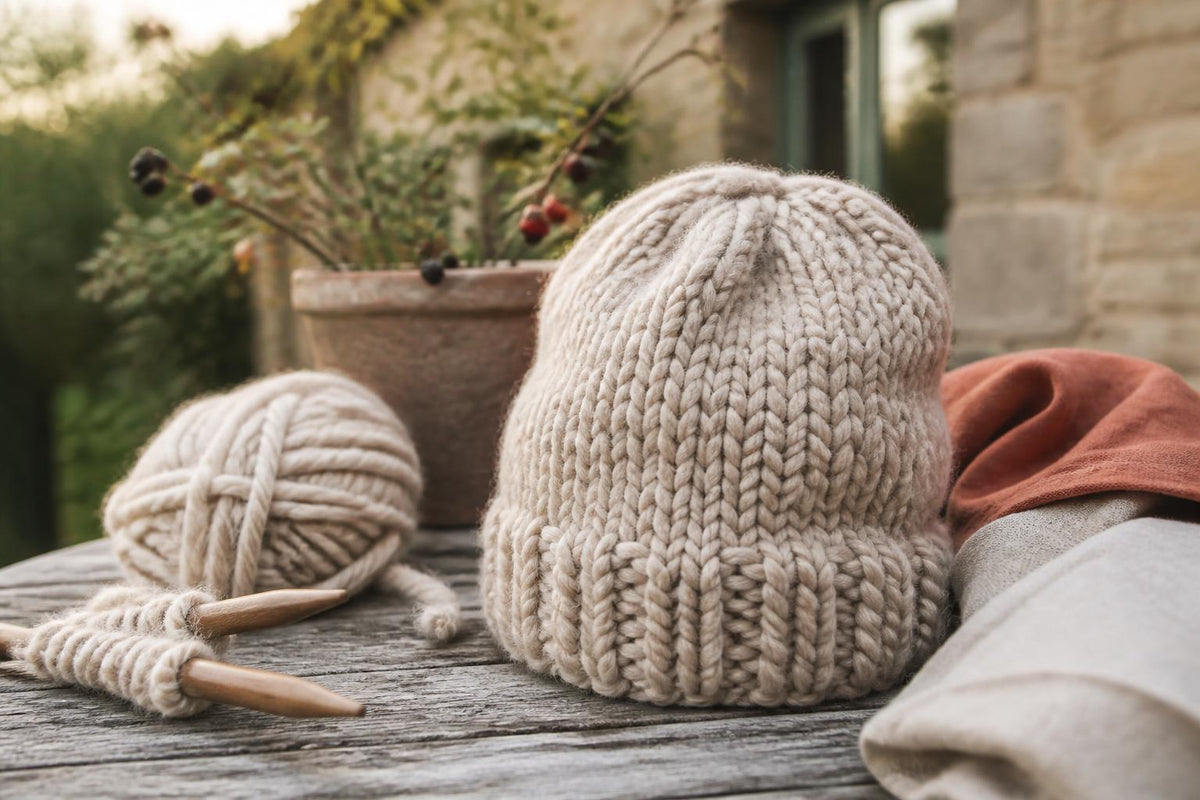 Close-up of a hand-knitted wool hat resting on a wooden table next to a measuring tape and knitting needles