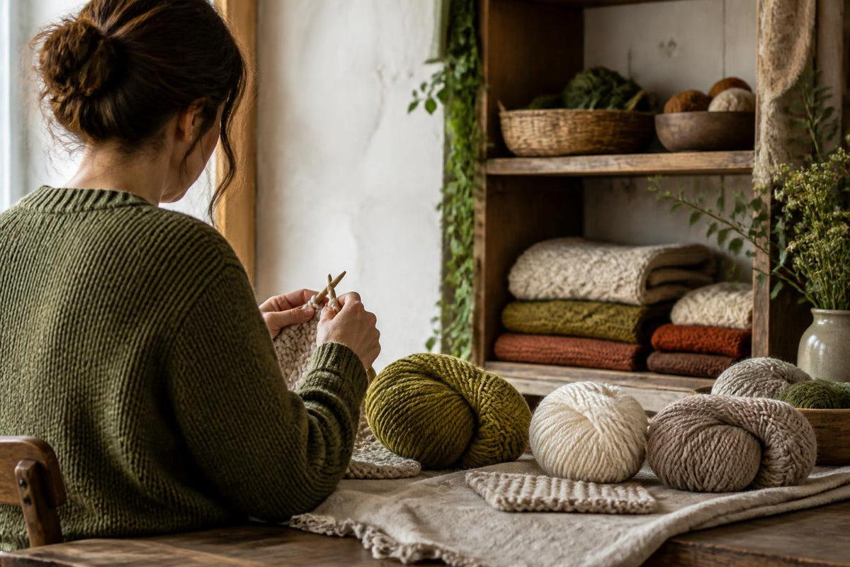 A neatly arranged stack of colorful aran weight yarn skeins on a rustic wooden table
