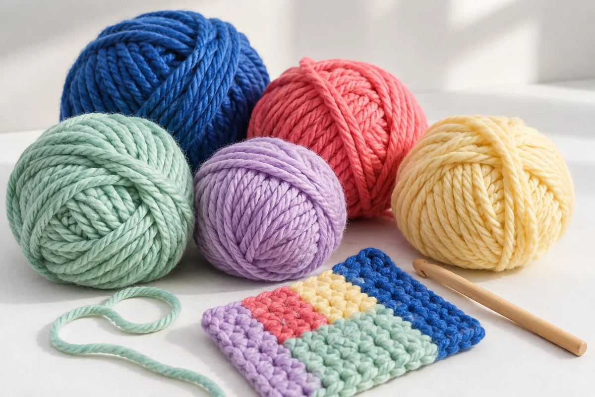 Colourful balls of chunky yarn with a striped crochet swatch and wooden hook