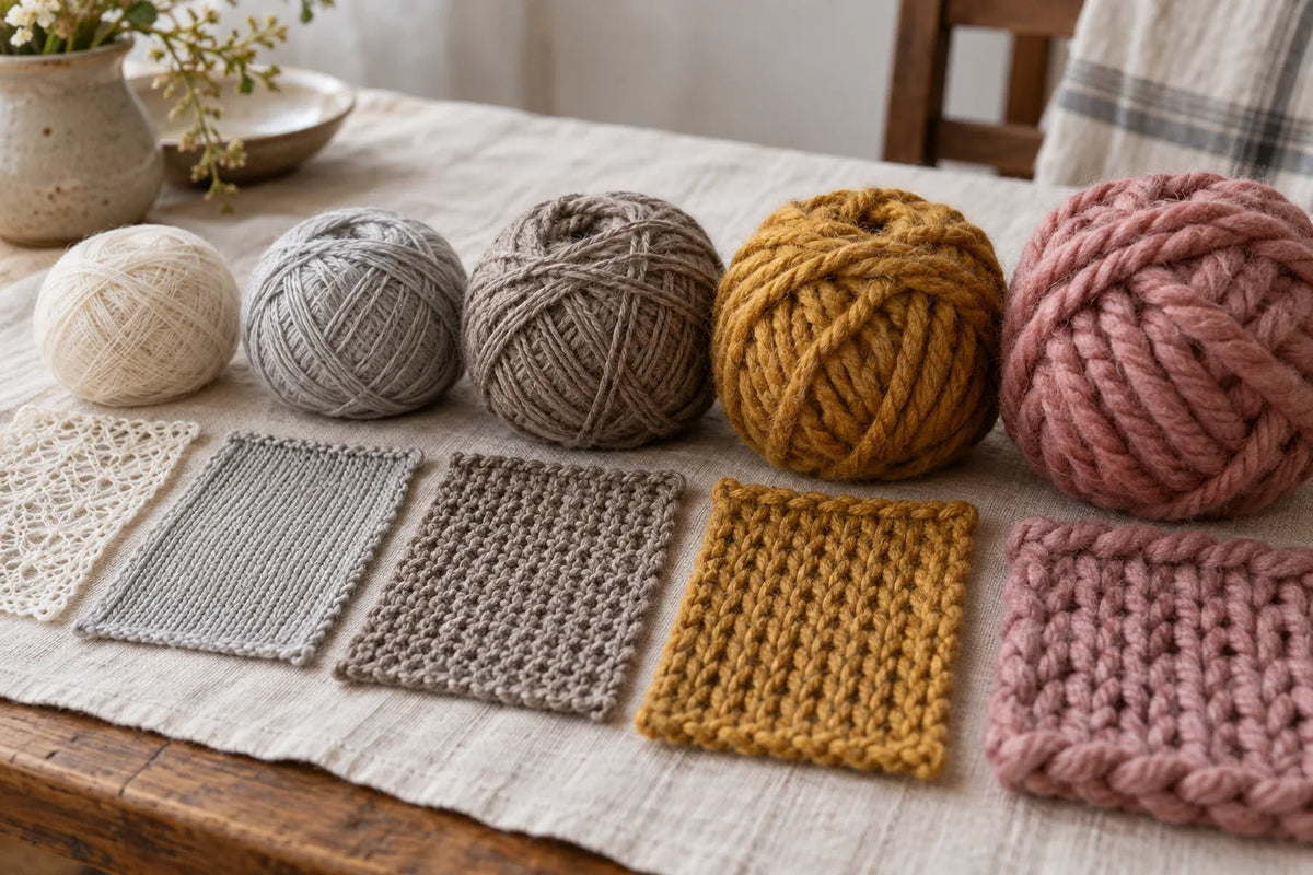 Five yarn balls of varying thickness in cream, grey, taupe, mustard and rose beside textured swatches.