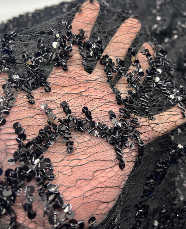 Black Sequin Detail Textured Mesh Stretch Fabric