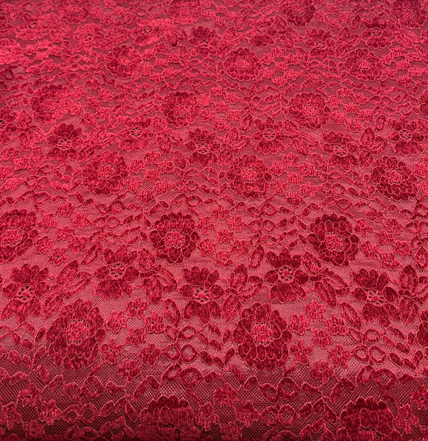 Burgundy Embossed Textured Scalloped Edge Floral Lace Fabric Stretch