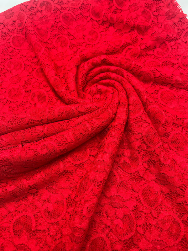 Red Flower Scalloped Edge Floral Lace Fabric Stretch