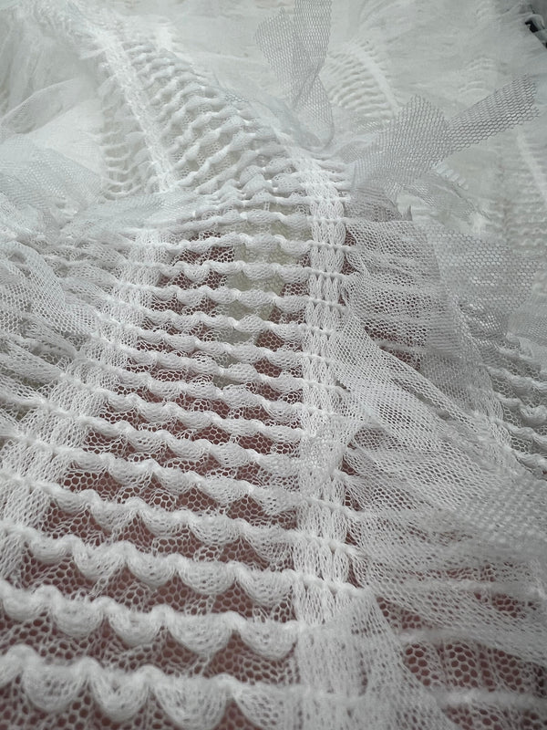 White Textured Mesh Tassel Fabric 2 Way Stretch