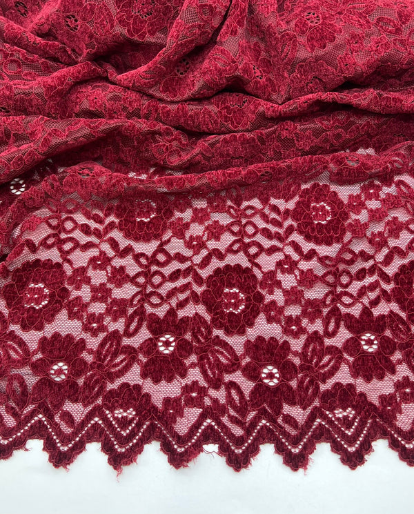 Burgundy Embossed Textured Scalloped Edge Floral Lace Fabric Stretch