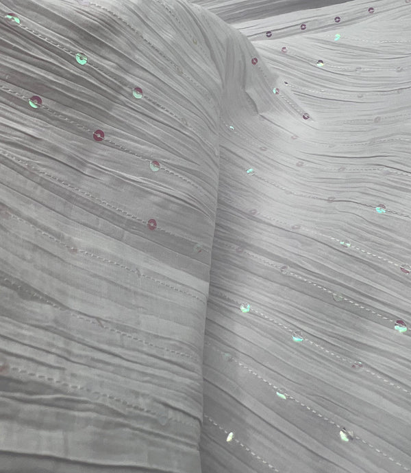 White Sequin Crinkled Lightweight Non Stretch Fabric