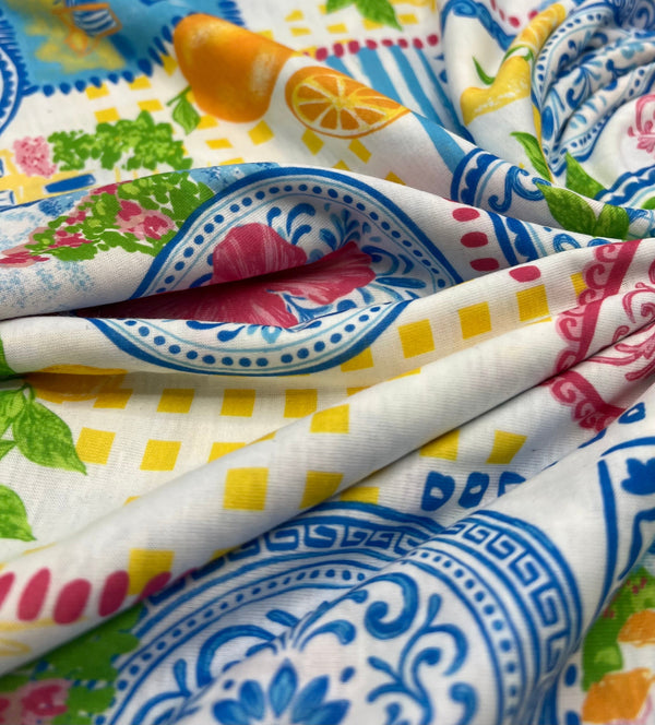 Mediterranean Amalfi Coast Print Spun Poly Stretch Fabric
