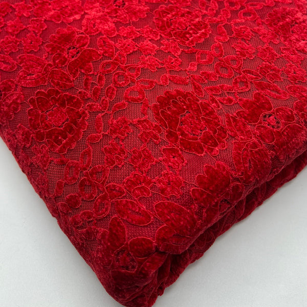 Red Embossed Textured Scalloped Edge Floral Lace Fabric Stretch