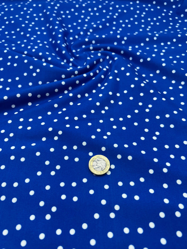 Blue Polka Stretch Jersey 220GSM 4 Way Stretch Fabric