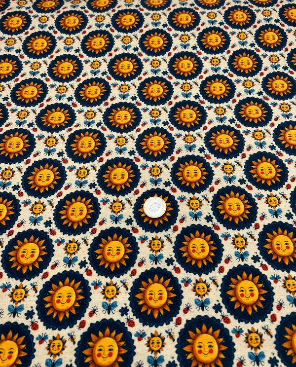 Folk Art Sun Faces Print Cotton Stretch Jersey 200 GSM 95/5 Lycra 4 Way Stretch