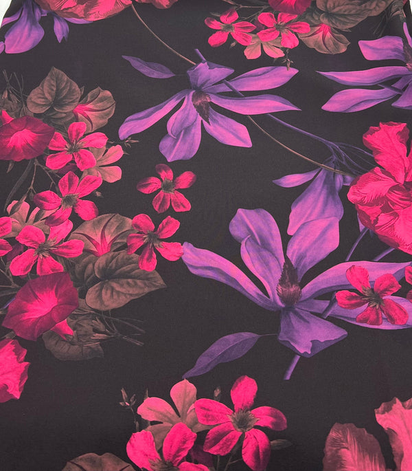 Black Purple Pink Floral Compact Crepe Fabric 2 Way Stretch