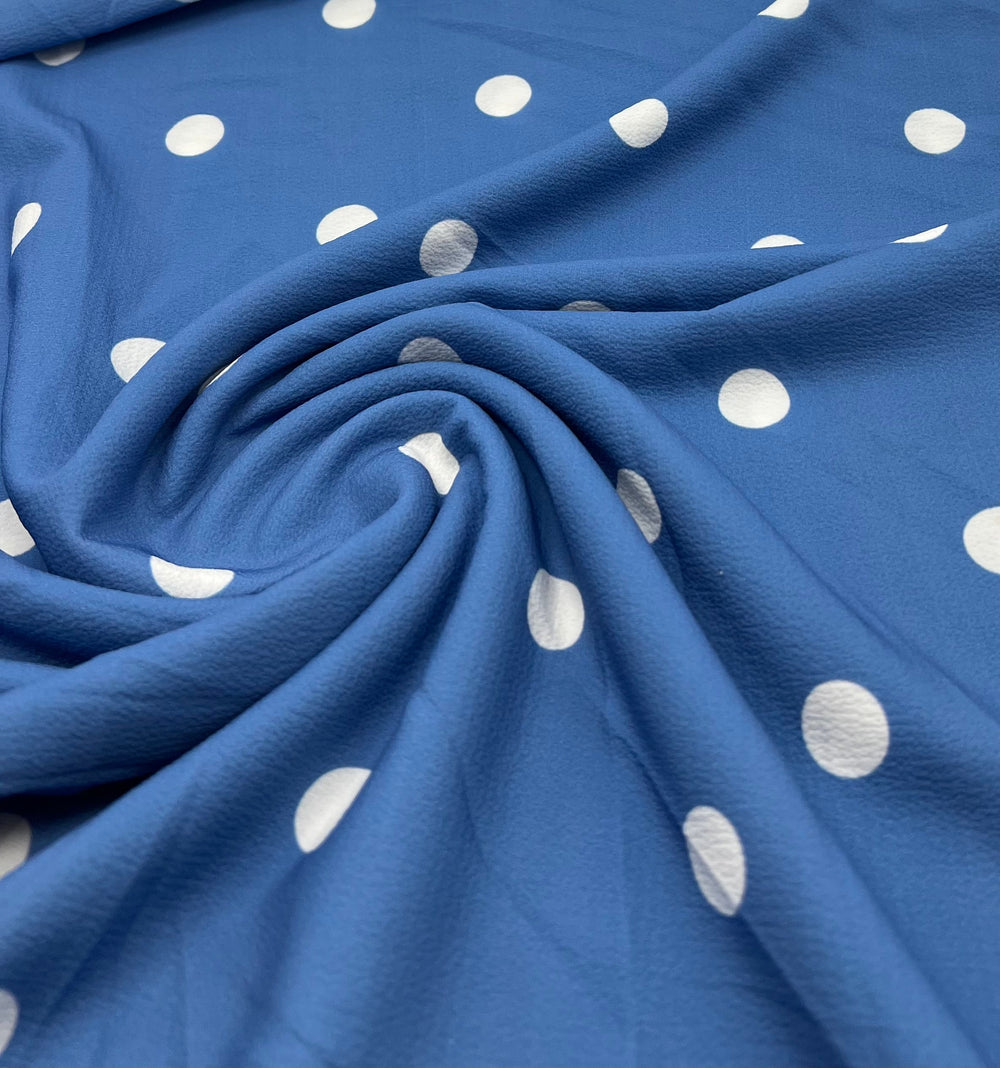 Blue White Polka Print Lightweight Bubble Crepe Fabric
