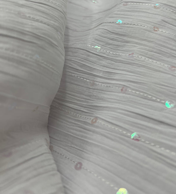 White Sequin Crinkled Lightweight Non Stretch Fabric