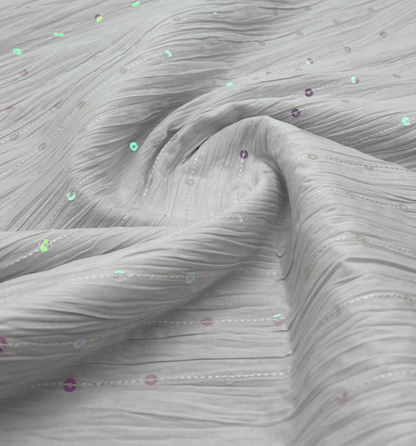 White Sequin Crinkled Lightweight Non Stretch Fabric