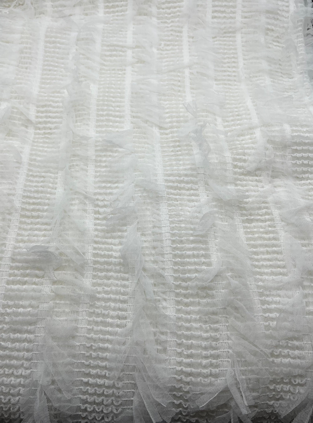 White Textured Mesh Tassel Fabric 2 Way Stretch