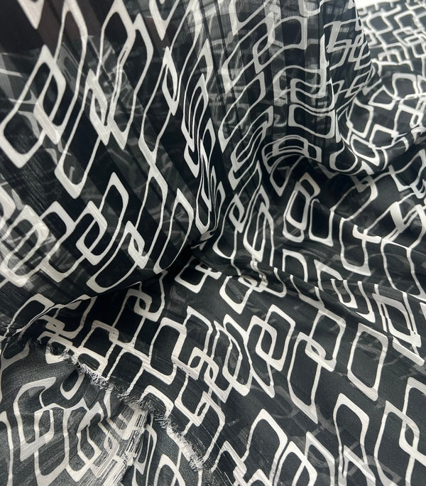 Black White Rectangles Printed Chiffon Dress Fabric