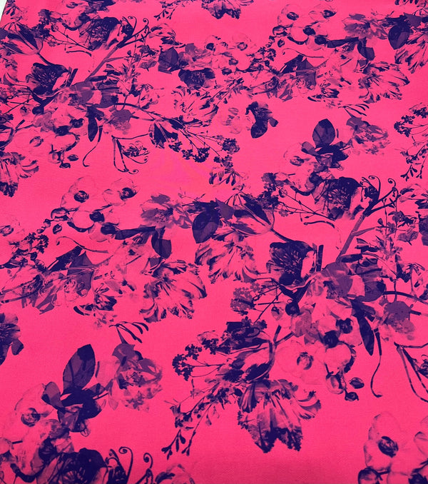 Hot Pink Purple Floral Compact Crepe Fabric 2 Way Stretch
