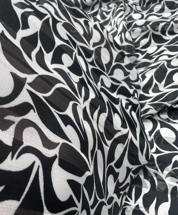Black Silver Floral Stripe Printed Chiffon Dress Fabric