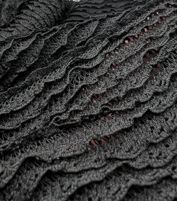 Black Ruffle Crochet Frill Knitted Stretch Fabric 300GSM