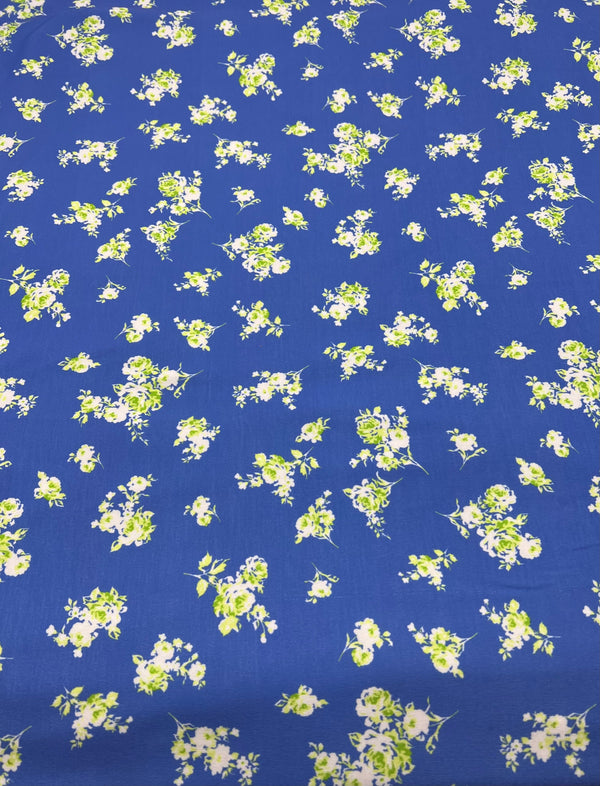 Blue Green Flower Floral Mix Print Spun Poly Stretch Fabric