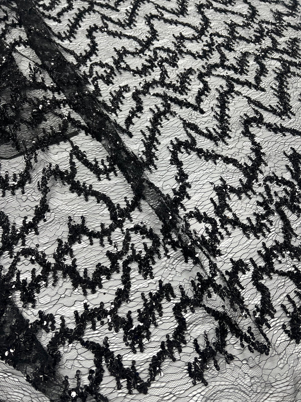 Black Sequin Detail Textured Mesh Stretch Fabric