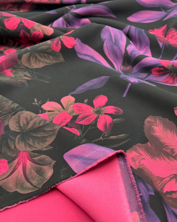 Black Purple Pink Floral Compact Crepe Fabric 2 Way Stretch