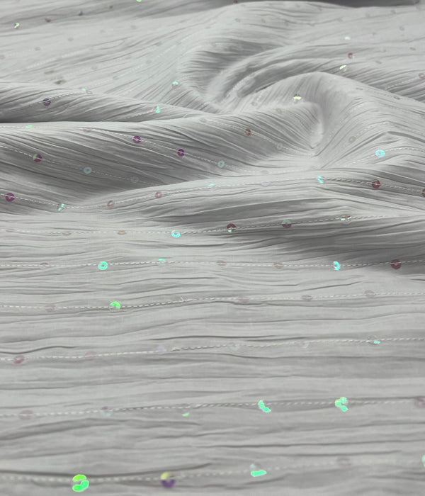 White Sequin Crinkled Lightweight Non Stretch Fabric